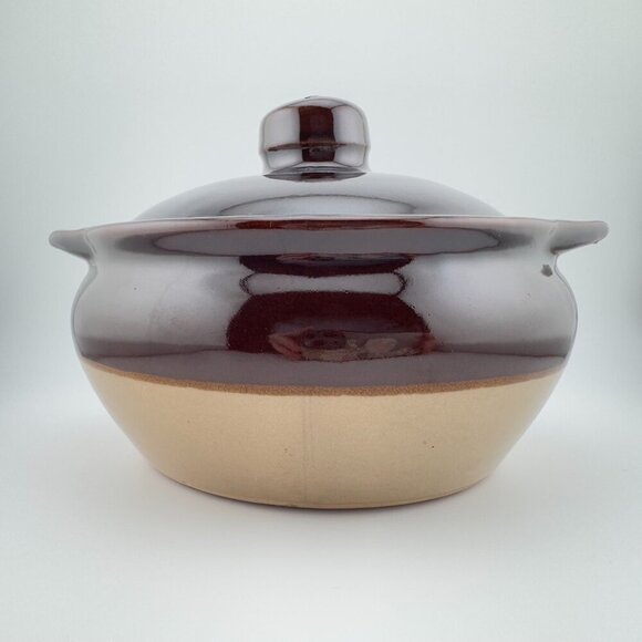 Vintage Monmouth Pottery Ceramic Bean Crock Brown Cream with Lid Maple Leaf Mark - Picture 1 of 8